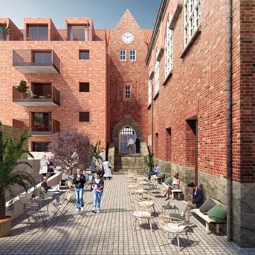 Exteriör över Granitor Properties bostäder i Brf Parkskolan i Ängelholm