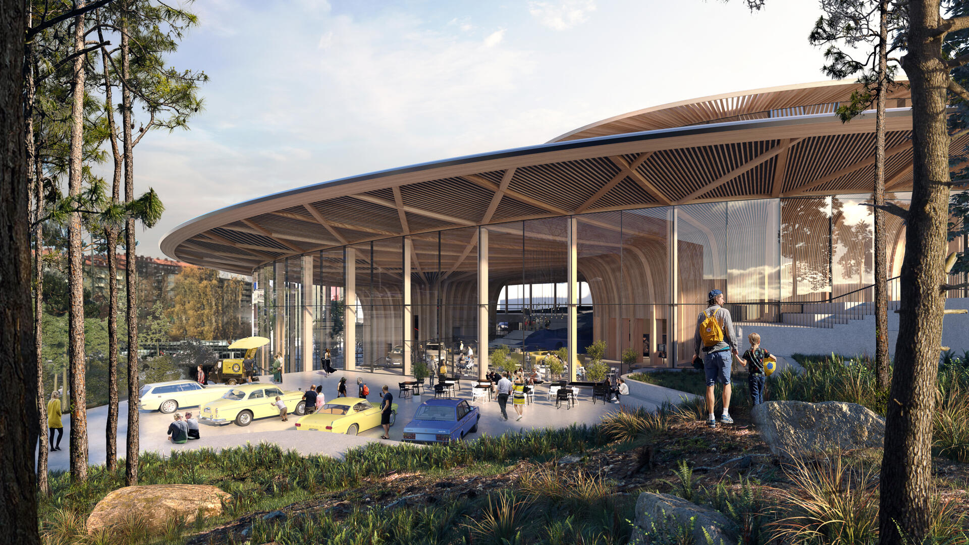 Rendering av den framtida byggnaden som är ljus, luftig och med flera naturliga material. 